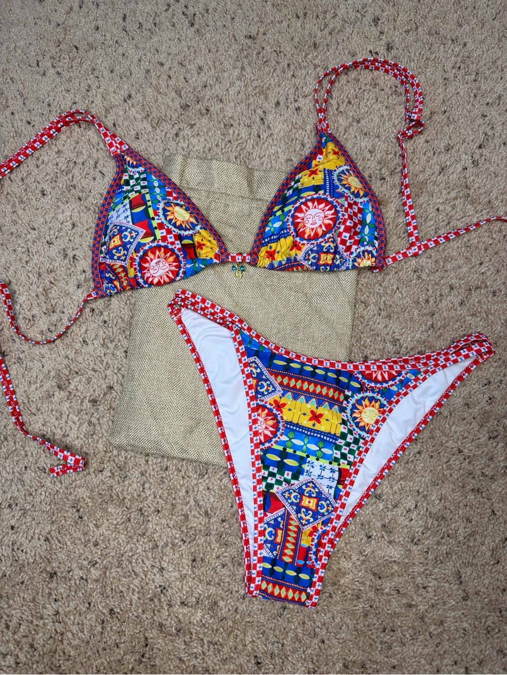 Colorful Mosaic Print Girls two-Piece Swim Set - Red Accent